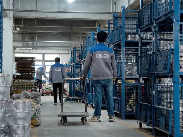 Warehouse aisle with stocked valve bodies