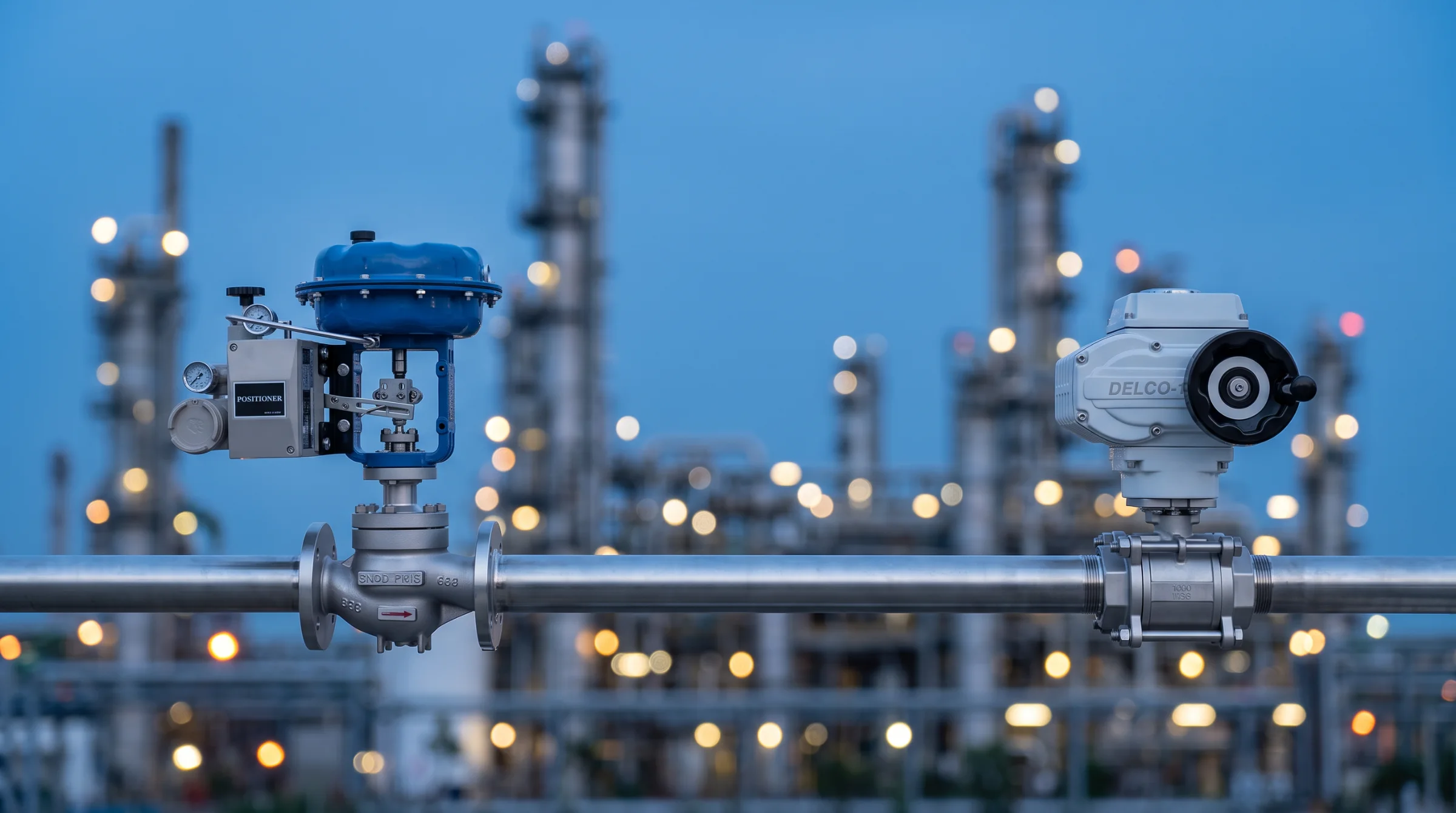 DELCO pneumatic control valve and DELCO-10 electric ball valve installed on a process plant pipeline