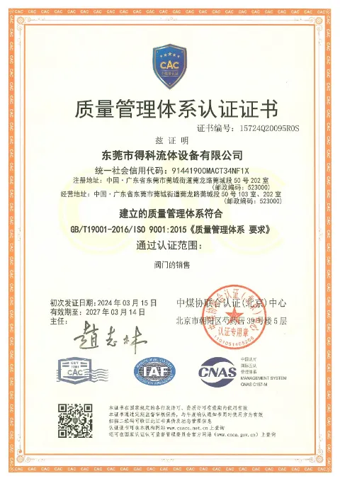 DELCO ISO 9001:2015 Certificate (Chinese)