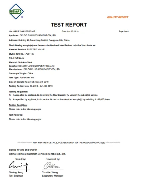 DELCO Mini Electric Actuator Test Report, first page