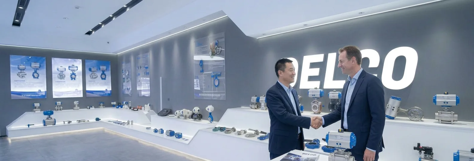 DELCO export manager shaking hands with a distributor partner in the DELCO valve showroom
