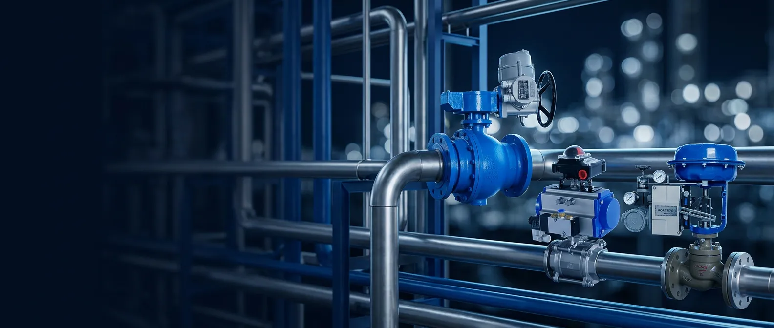 DELCO electric actuated ball valve, pneumatic actuated ball valve and pneumatic control valve installed on process pipelines