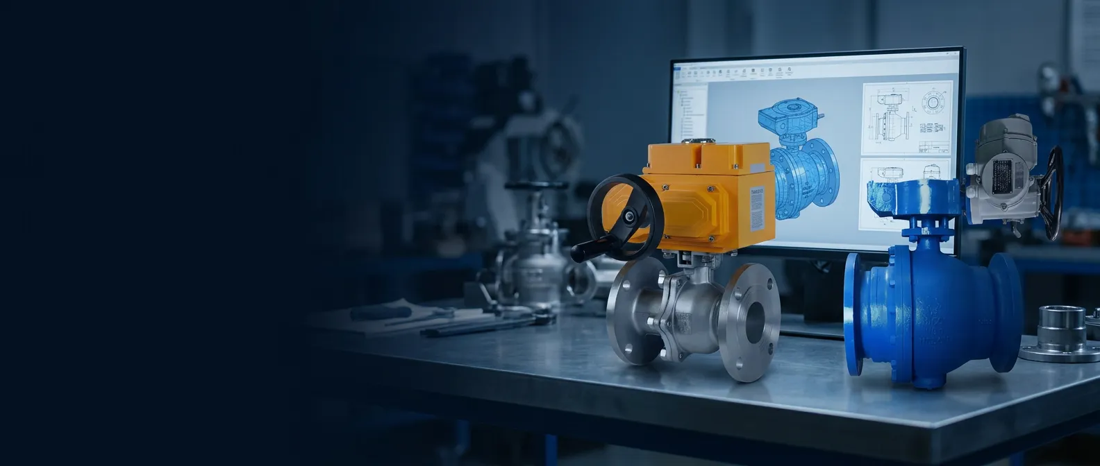 Customized DELCO electric actuated ball valves on an engineering workbench with 3D CAD drawings