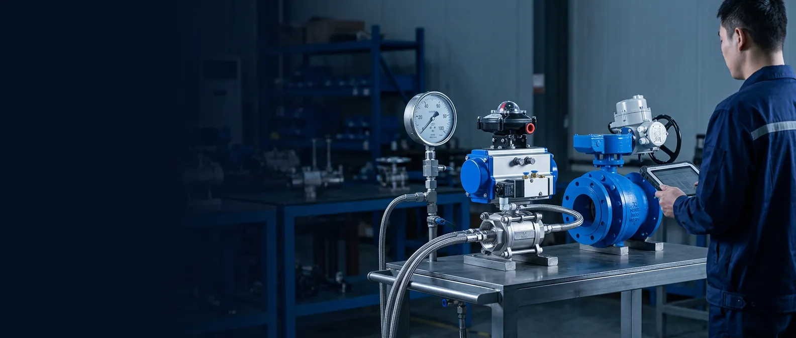 DELCO pneumatic actuated ball valve on a pressure test bench in the quality control laboratory
