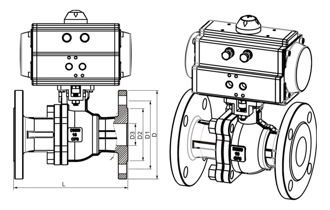 Pneumatic flange ball valve dimension drawing