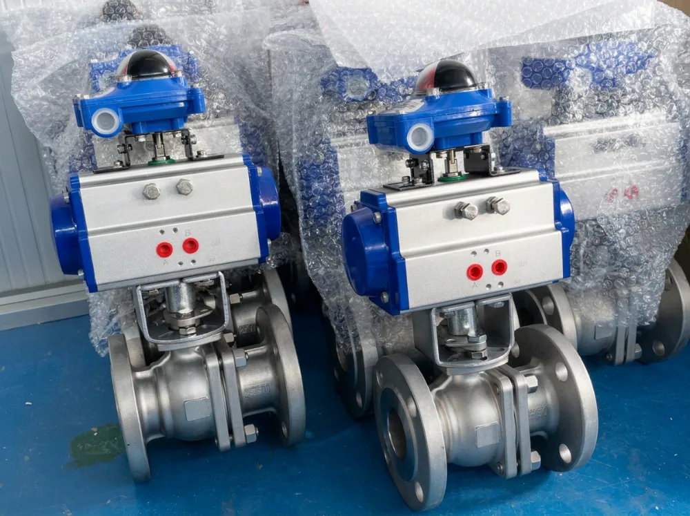 DELCO pneumatic flange ball valves with limit switch boxes, packed for shipment