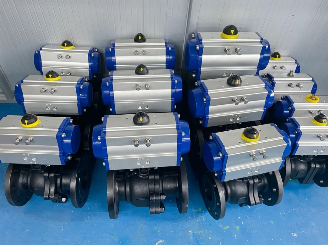 DELCO pneumatic actuated flanged ball valves assembled and ready for shipment