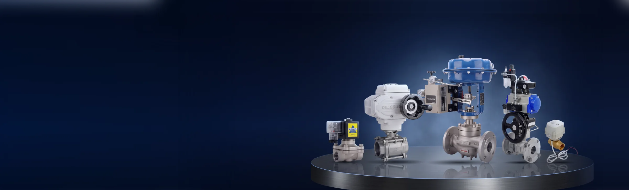 DELCO electric actuated, pneumatic control, solenoid and pneumatic actuated valves on a studio podium