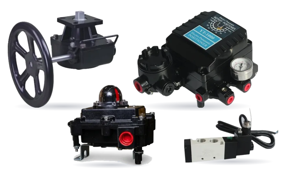 Handwheel override, valve positioner, limit switch box and NAMUR solenoid valve