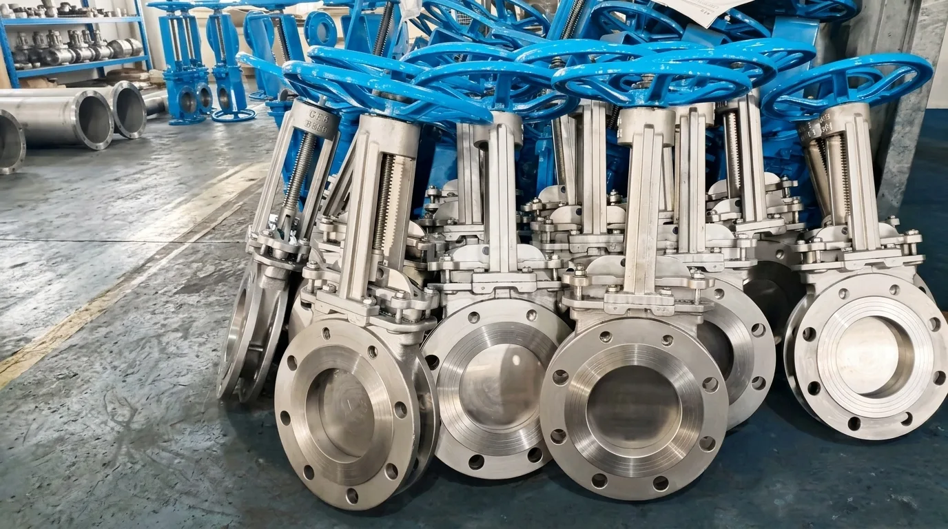Batch of DELCO stainless steel knife gate valves ready for delivery